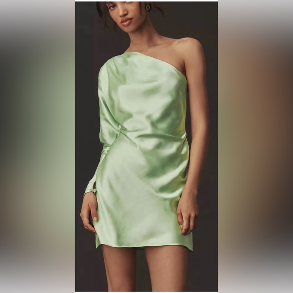 BHLDN Lucy Satin Mini Dress One Shoulder Ruched in pistachio green color Size 4